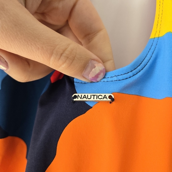 Nautica L Colorful One Piece Swimsuit Open Back Criss Cross Adjustable Strap - Picture 6 of 7